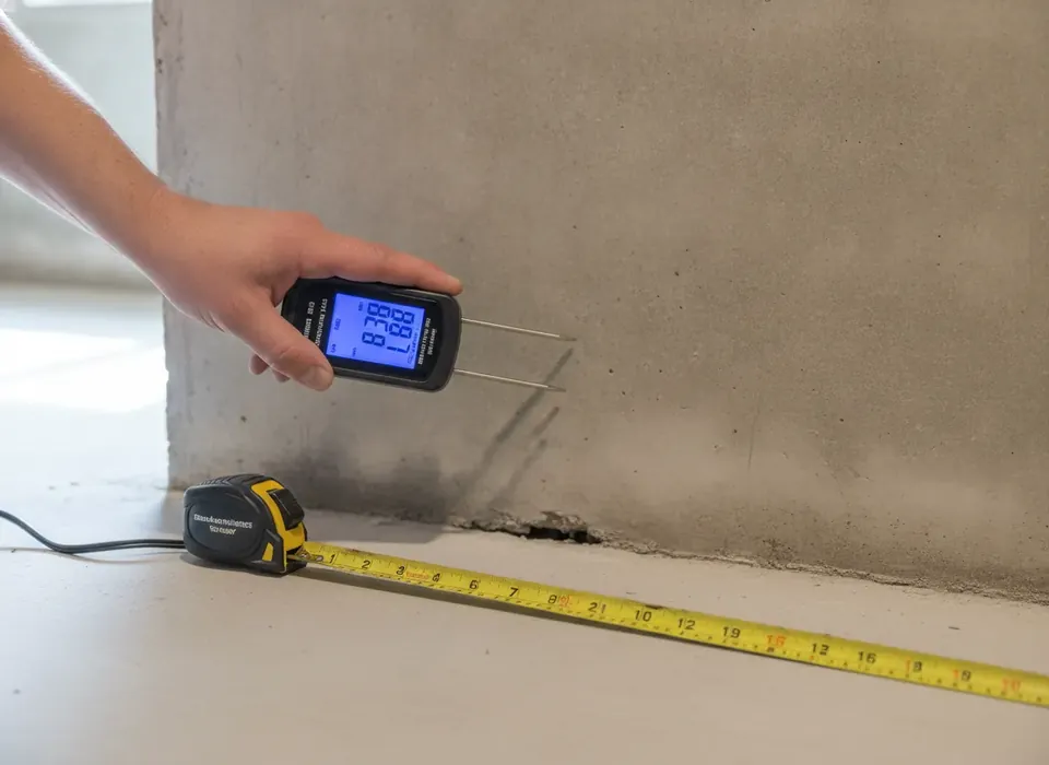 Moisture meter reading on a wet basement wall