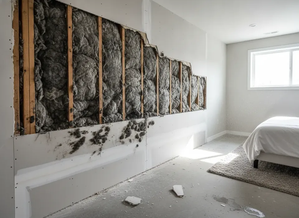 Flood-cut basement drywall showing mold behind the wall