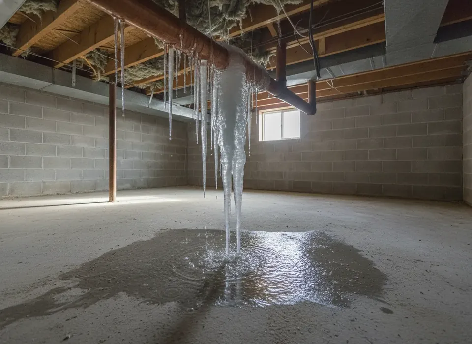 Frozen pipe split open in a basement ceiling